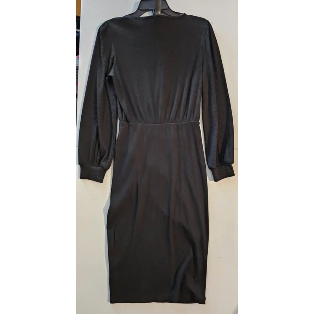 Black Fine Ribbed Long Sleeve Ruched Side Slit Midi Dress